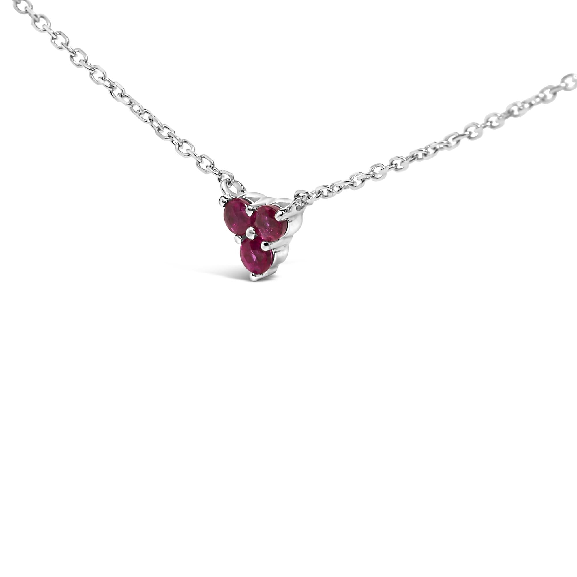 14K White Gold 1/5 Cttw Diamond and Ruby Tri Station Necklace