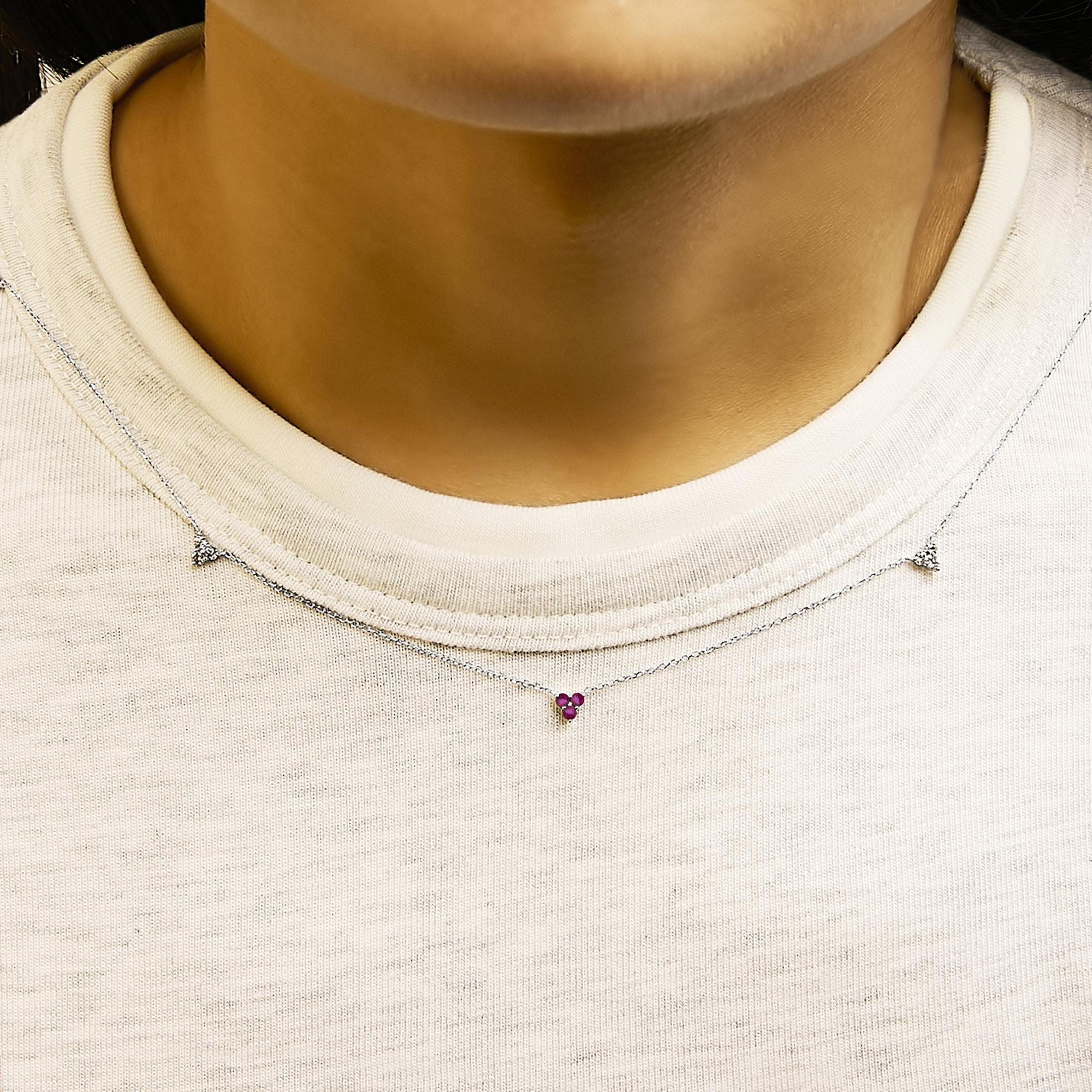 14K White Gold 1/5 Cttw Diamond and Ruby Tri Station Necklace