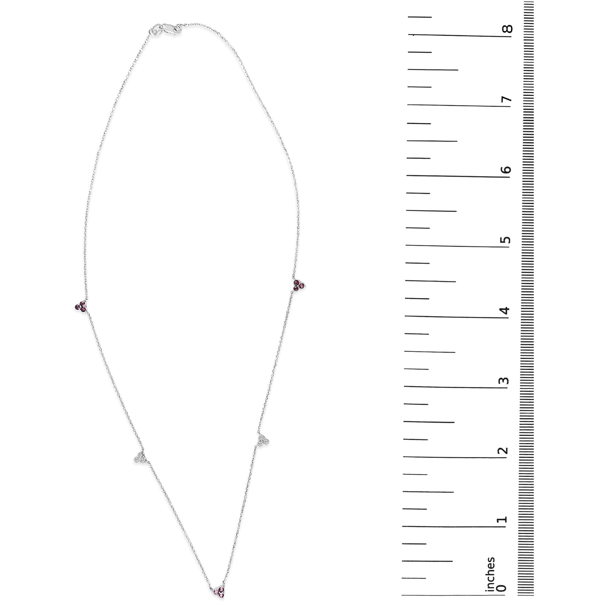 14K White Gold 1/5 Cttw Diamond and Ruby Tri Station Necklace