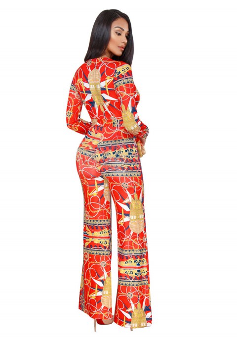 Printing Long Sleeve V-neck Wide Leg Jumpsuit Rompers