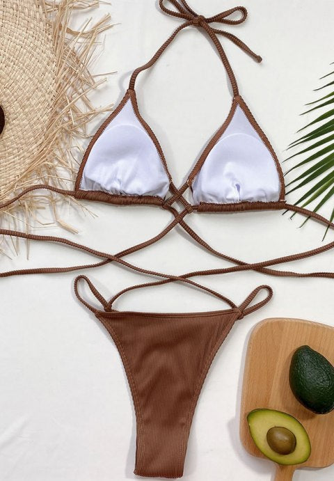 Rib Crisscross Halter Thong Bikini Swimsuit