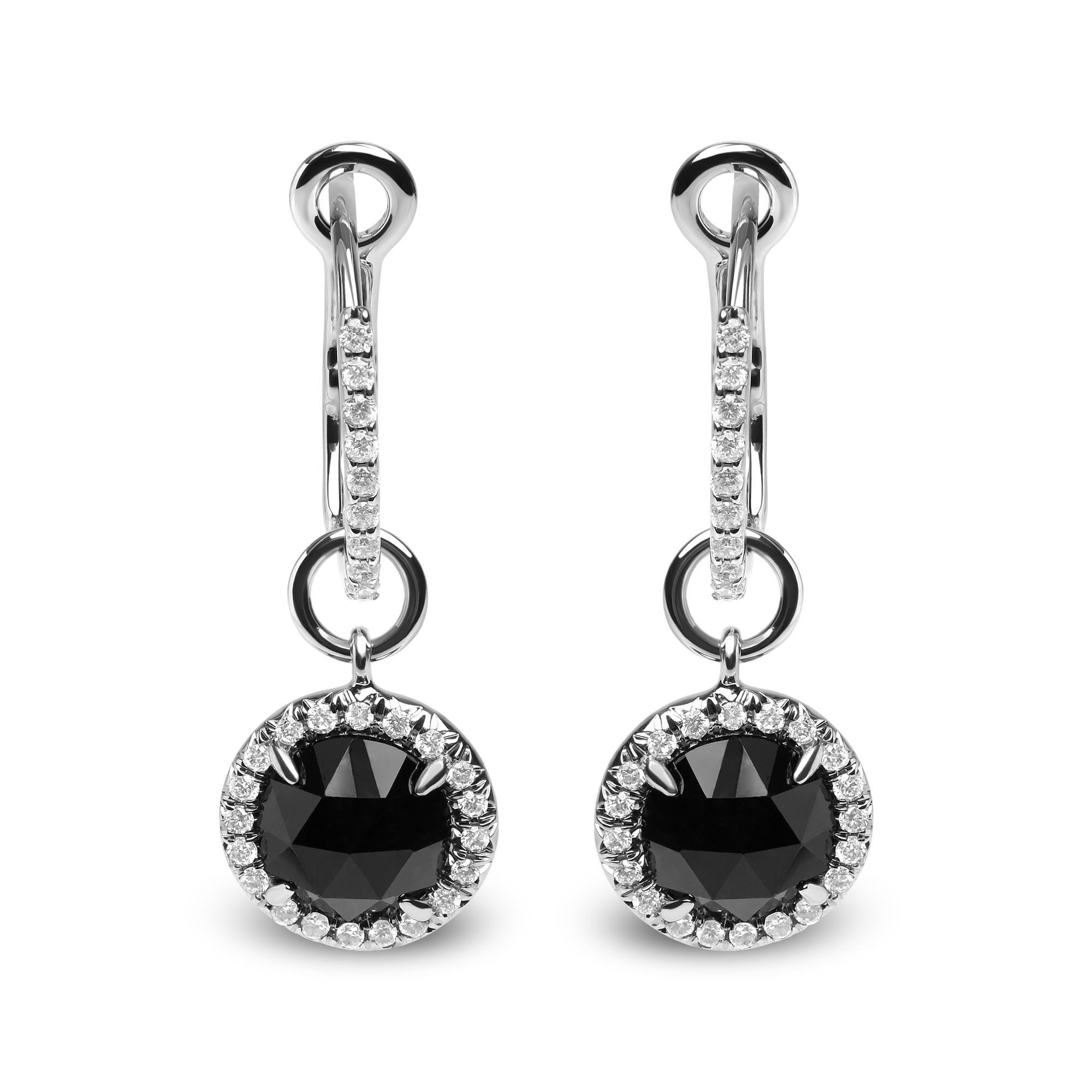 18K White Gold 1/3 Cttw Diamond and 7mm Round Black Onyx Gemstone Halo Dangle Hoop Earrings (G-H Color, SI1-SI2 Clarity)