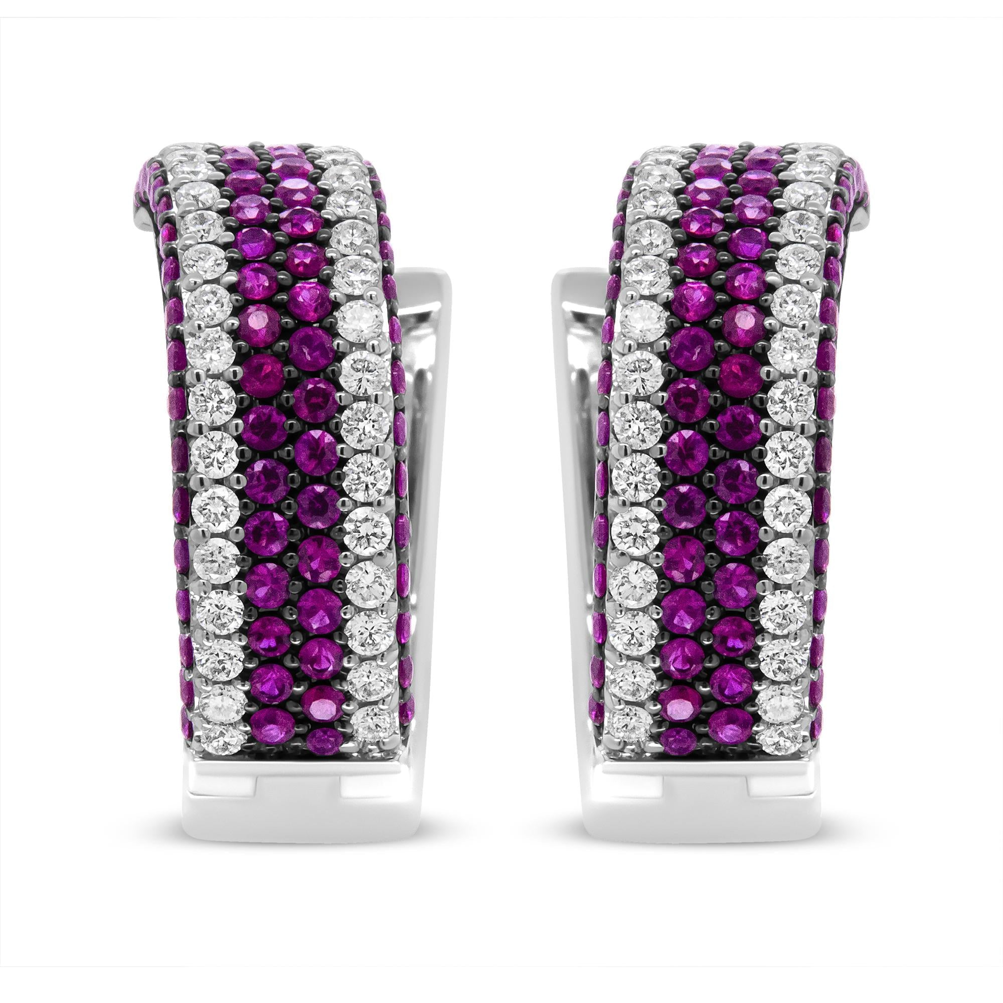 18K White Gold 1 7/8 Cttw Diamond and 1mm Round Red Ruby Open Swish Hoop Earrings (F-G Color, VS1-VS2 Clarity)