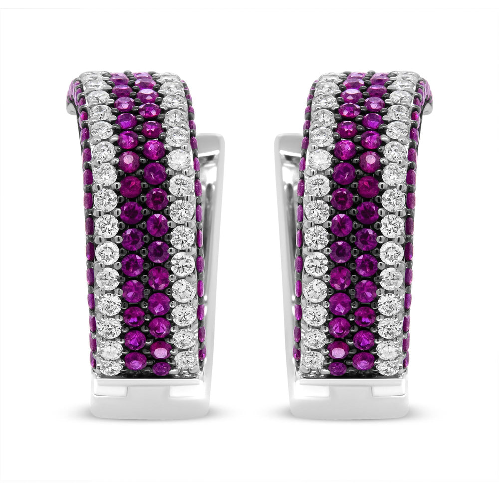 18K White Gold 1 7/8 Cttw Diamond and 1mm Round Red Ruby Open Swish Hoop Earrings (F-G Color, VS1-VS2 Clarity)