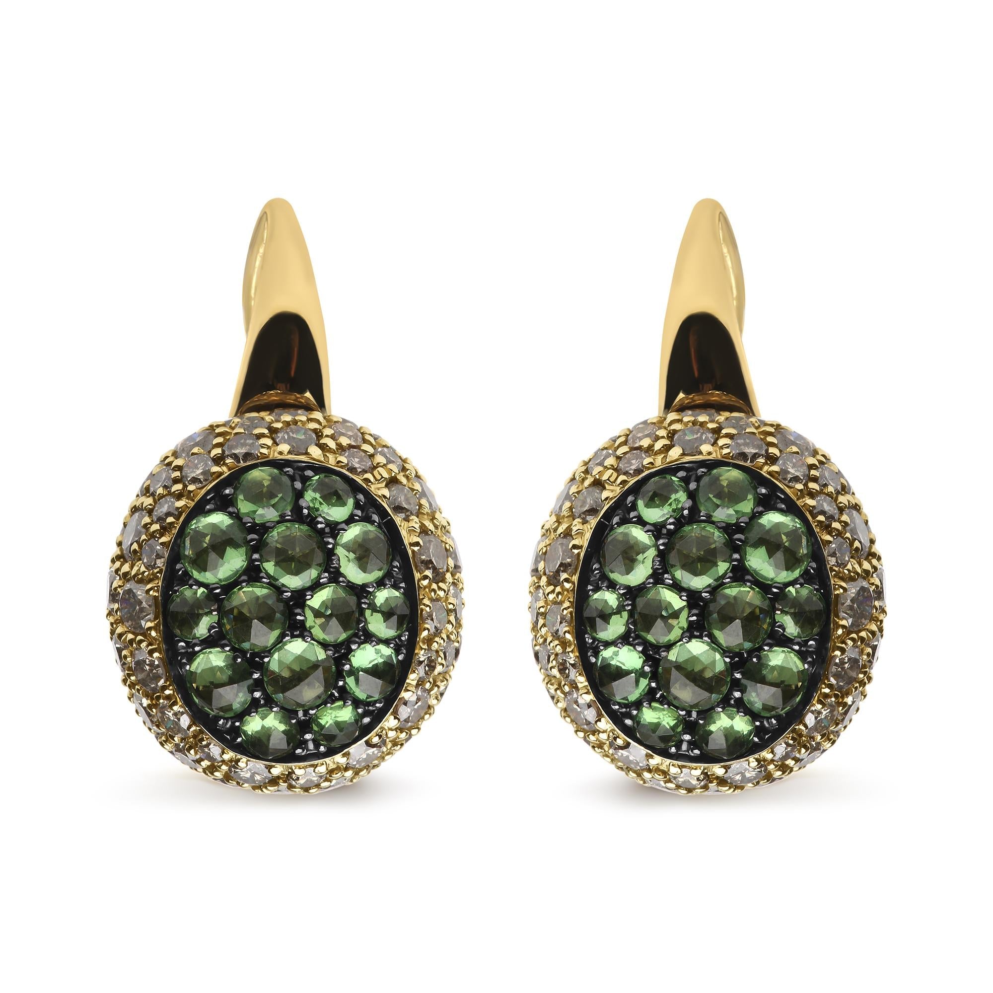 18K Yellow Gold 3 1/2 Cttw Diamond and Round Green Tsavorite Gemstone Round Domed Drop Hoop Earrings (Brown Color, SI1-SI2 Clarity)
