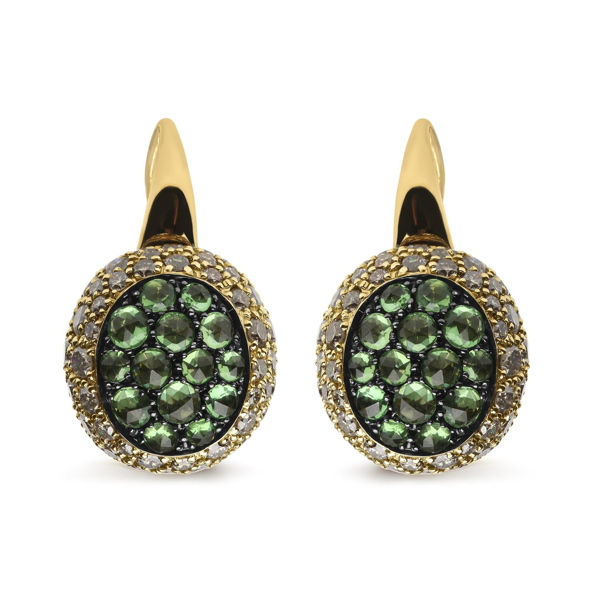 18K Yellow Gold 3 1/2 Cttw Diamond and Round Green Tsavorite Gemstone Round Domed Drop Hoop Earrings (Brown Color, SI1-SI2 Clarity)