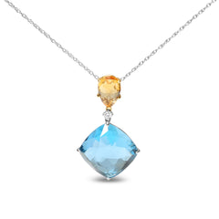 18K White and Yellow Gold Diamond Accent and Yellow Citrine and Sky Blue Topaz Gemstone Dangle Drop 18" Pendant Necklace (G-H Color, SI1-SI2 Clarity)
