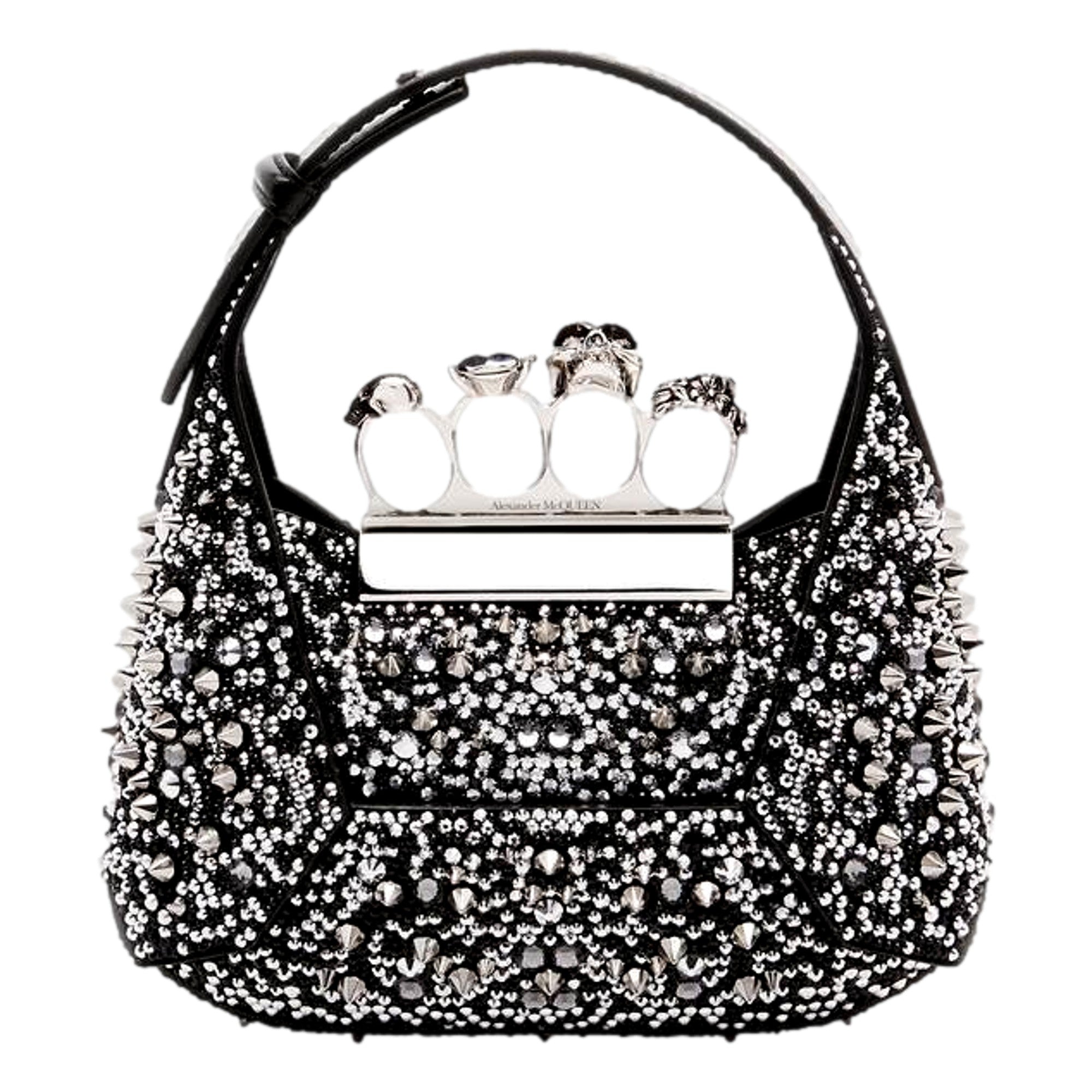 Alexander McQueen Crystal Jewelled Hobo Bag Black Skull Knuckle Handle