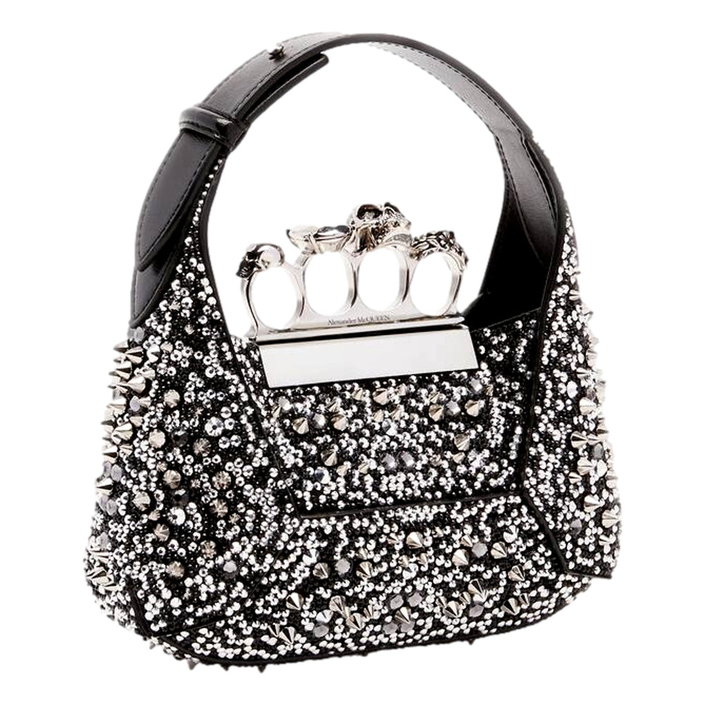 Alexander McQueen Crystal Jewelled Hobo Bag Black Skull Knuckle Handle