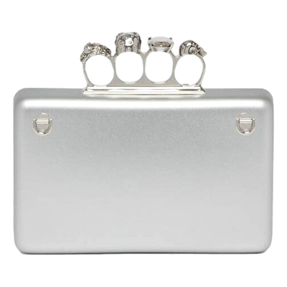 Alexander McQueen The Knuckle Silver Metallic Leather Zip Around Crossbody Bag Skull