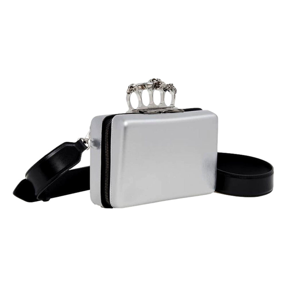 Alexander McQueen The Knuckle Silver Metallic Leather Zip Around Crossbody Bag Skull