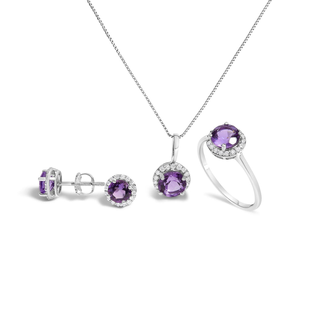 10K Gold Gemstone and 3/8 Cttw Diamond Halo Jewelry Set (Earrings, Pendant & Ring)