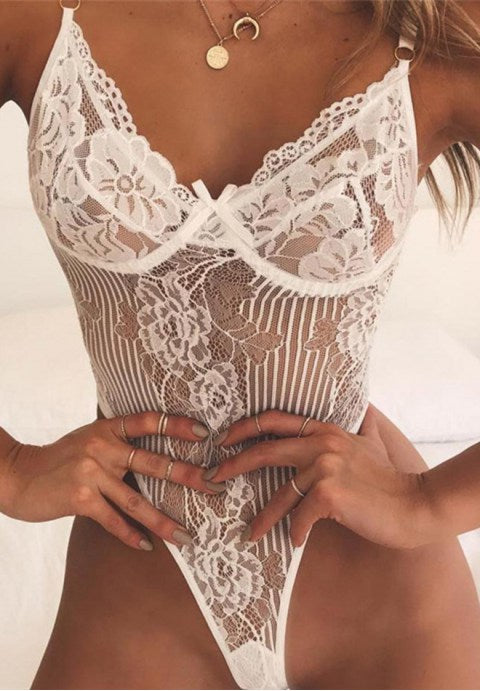Sexy Deep V Neck Flower Lace Bodysuit