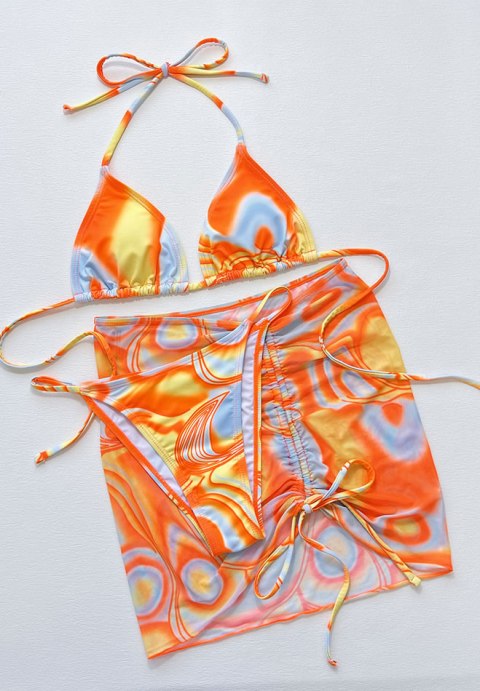 Women's 3packs Allover Print Bikini Set and Drawstring Side Cover Up Skirt