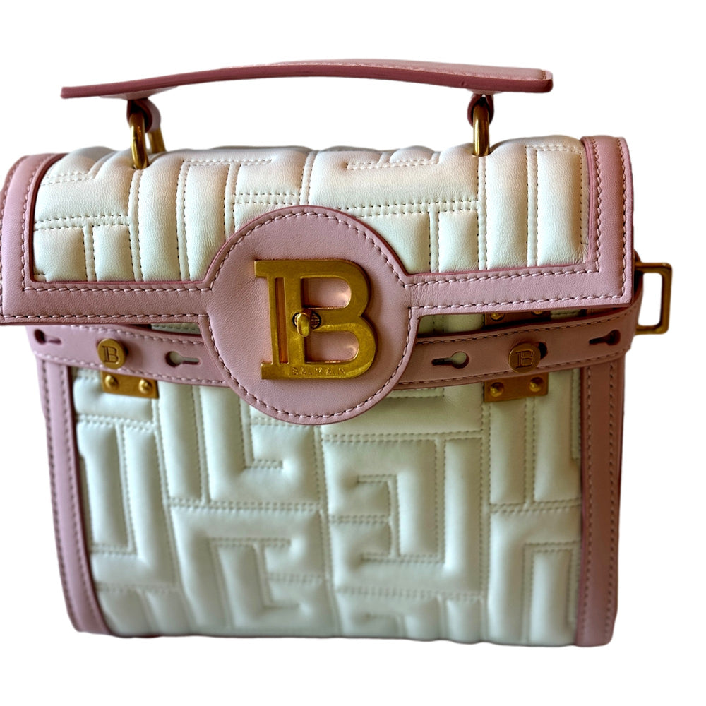 Balmain B-Buzz 23 Pink White Quilted Leather Tote Bag