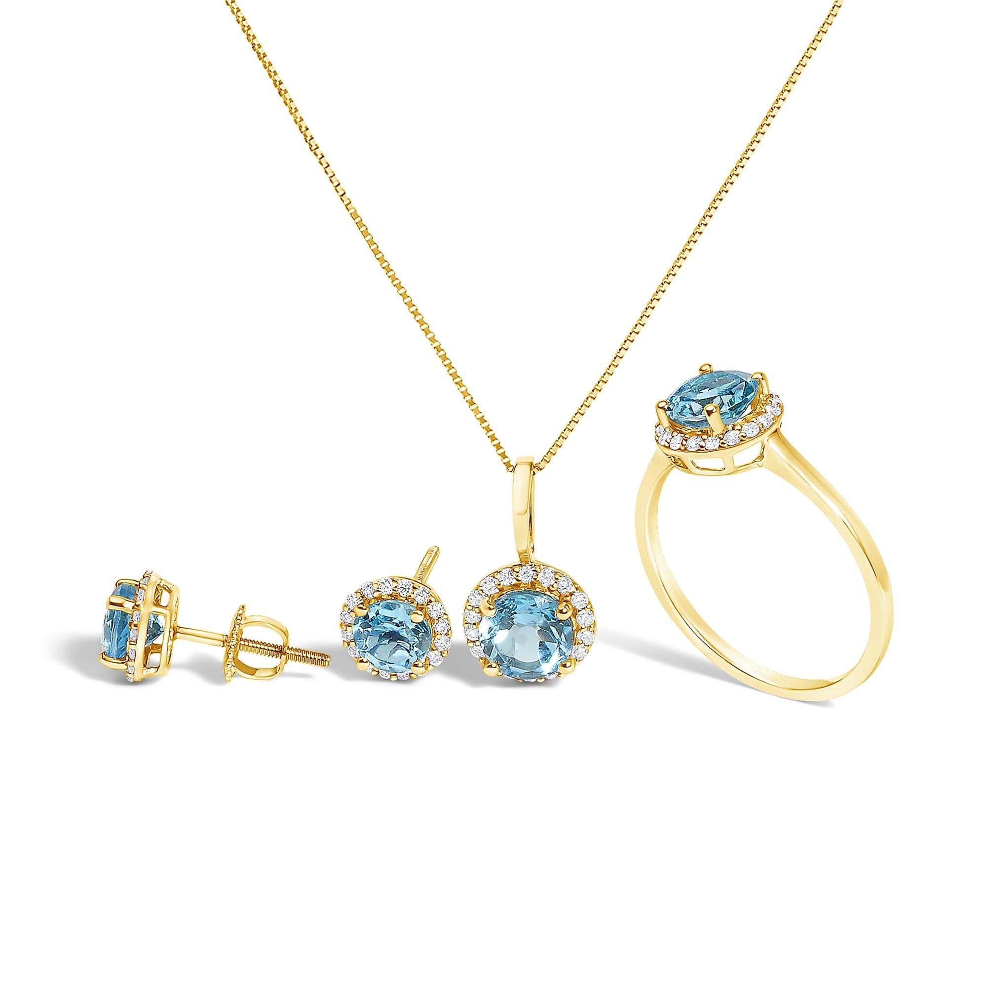 10K Gold Gemstone and 3/8 Cttw Diamond Halo Jewelry Set (Earrings, Pendant & Ring)