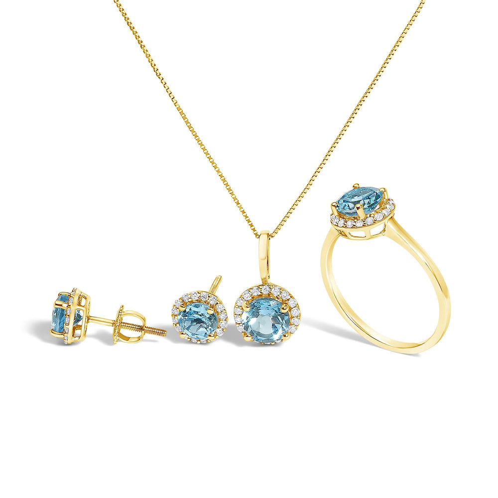 10K Gold Gemstone and 3/8 Cttw Diamond Halo Jewelry Set (Earrings, Pendant & Ring)