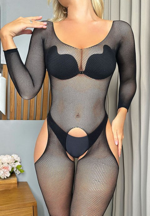 Black Fishnet Bodysuit with Long Sleeves