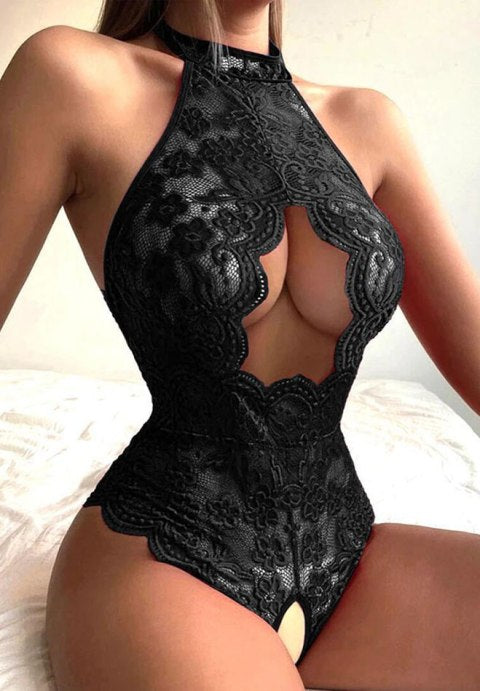 Halter Neck Floral Lace Bodysuit