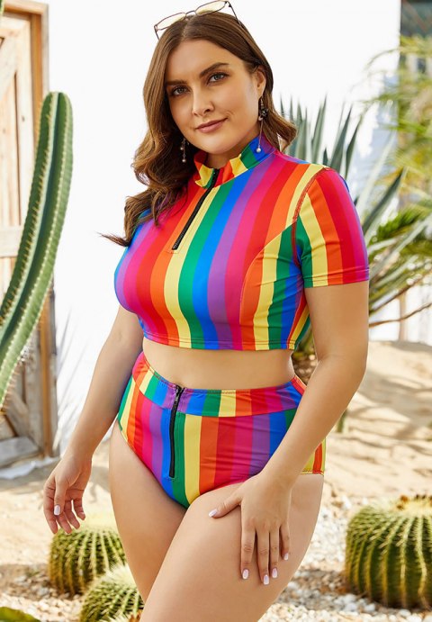 Plus Tonal Stripe High Waist Bikini Set