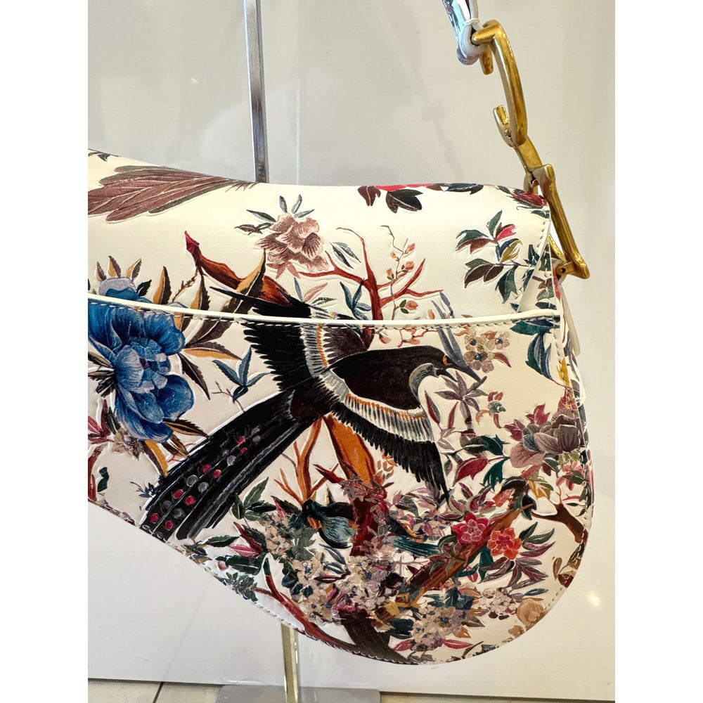 Dior Saddle Floral Bird Print Leather Crossbody Bag with Gold Charm