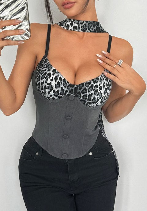 Edgy Leopard Print Corset Bustier with Neck Tie