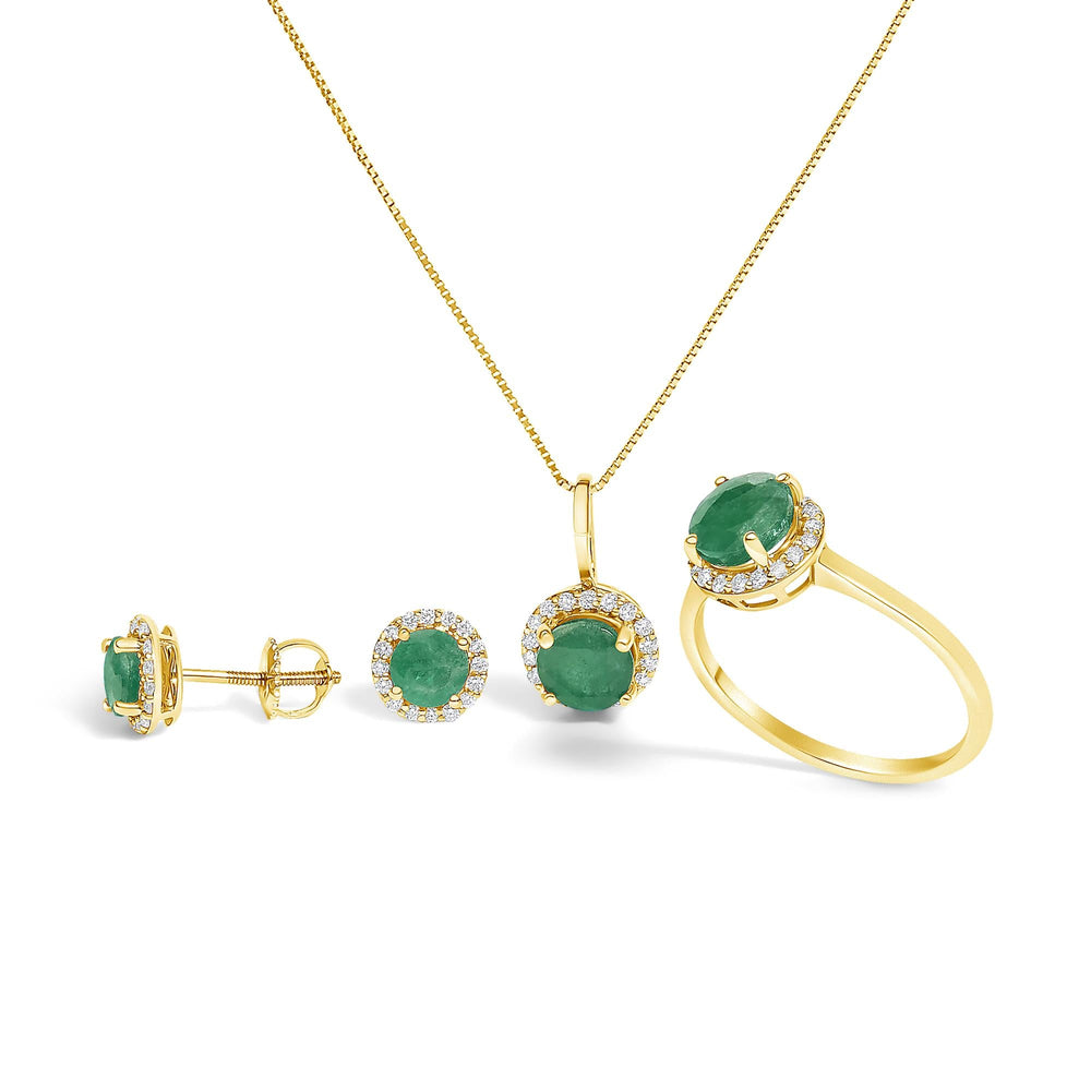 10K Gold Gemstone and 3/8 Cttw Diamond Halo Jewelry Set (Earrings, Pendant & Ring)