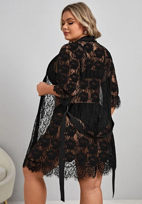 Plus Size Eyelash Lace Robe and G-String