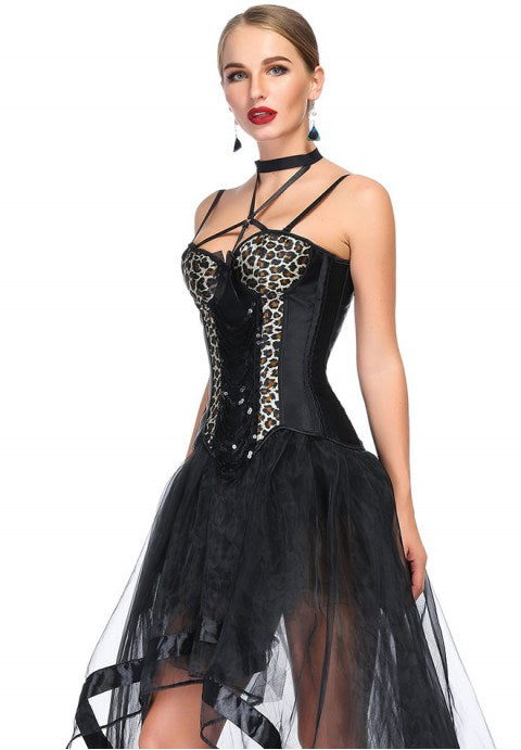 Leopard & Sequin Burlesque Corset With High Low Skirt