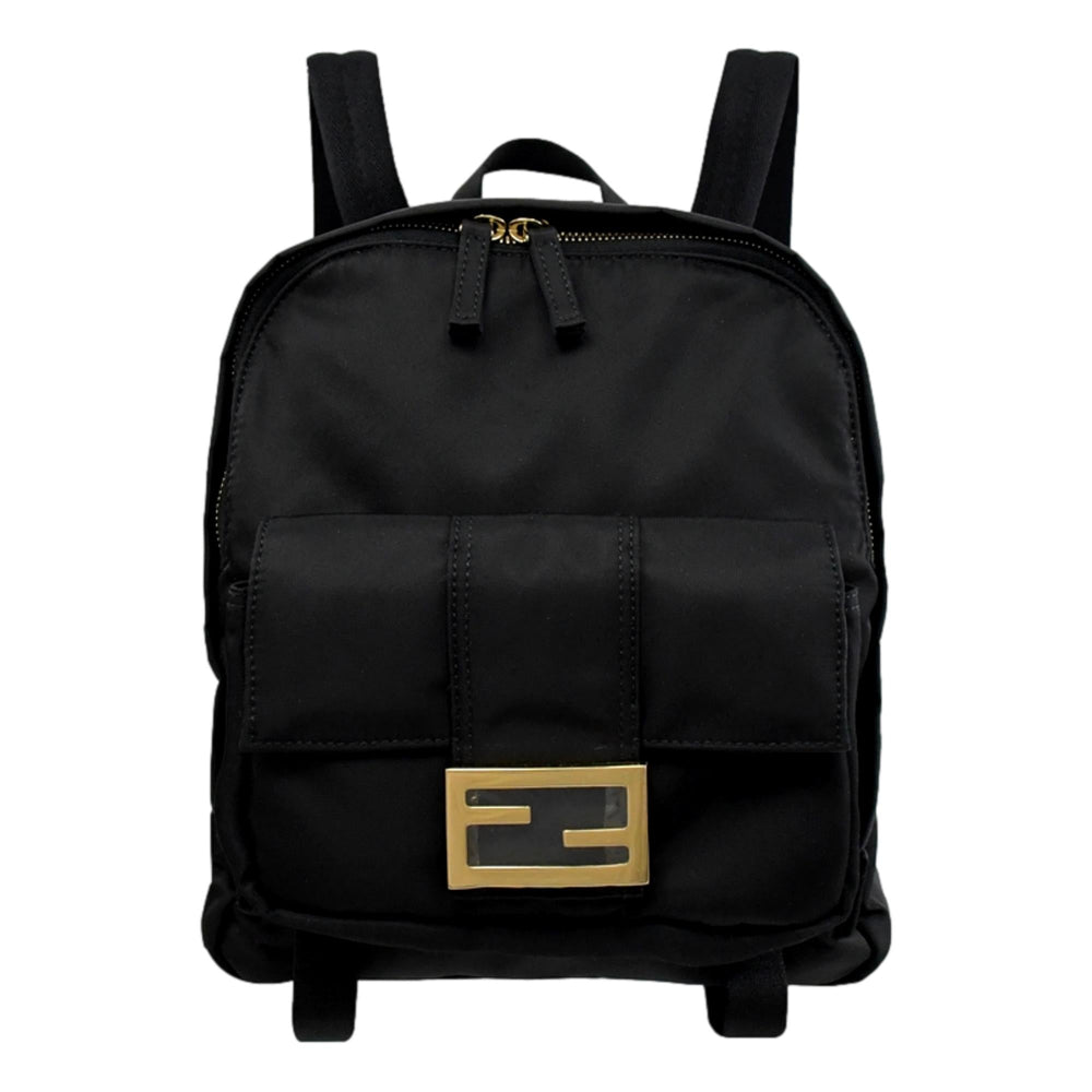 Fendi Baguette Black Nylon Small Backpack Travel Bag Gold Logo