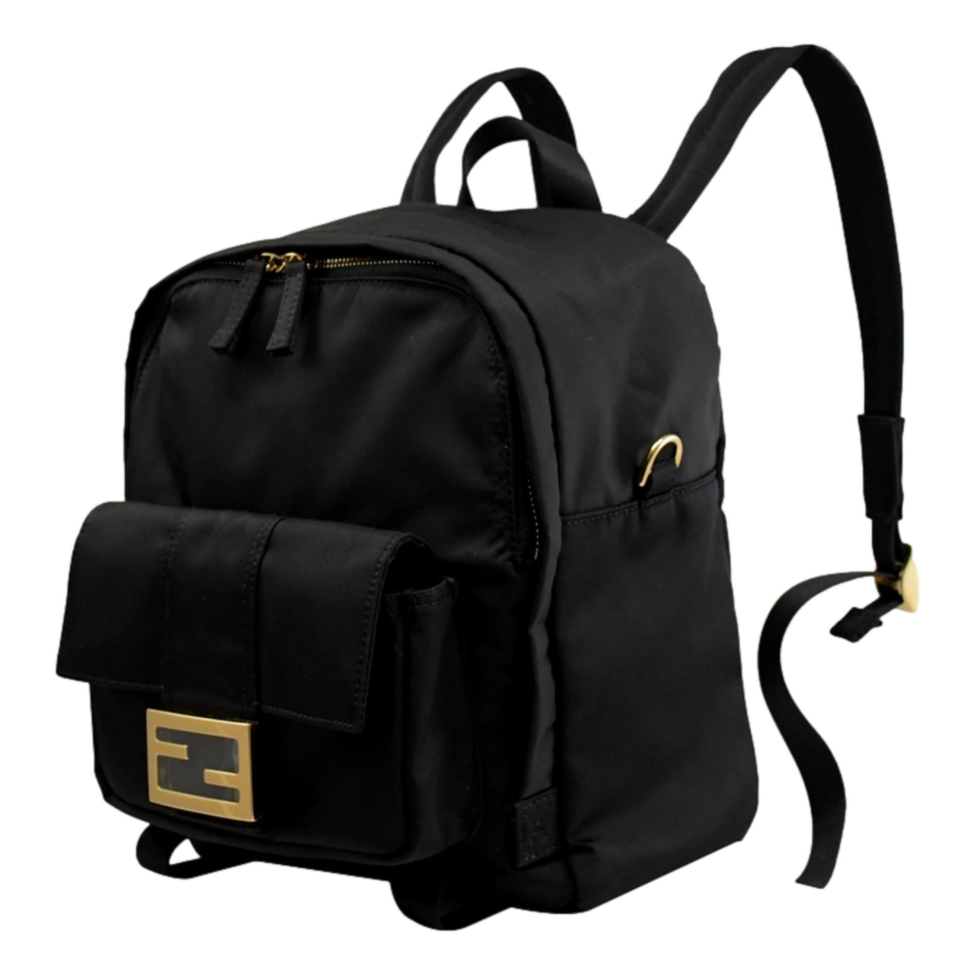 Fendi Baguette Black Nylon Small Backpack Travel Bag Gold Logo