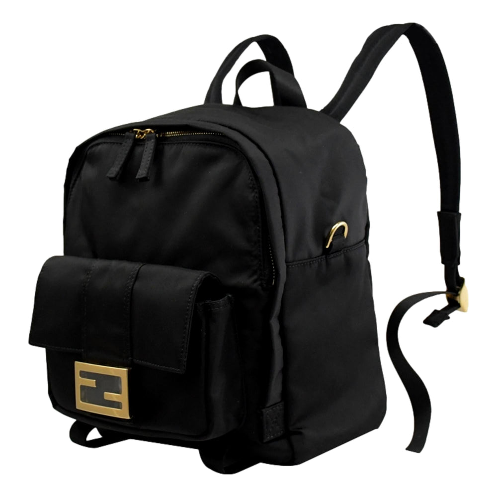 Fendi Baguette Black Nylon Small Backpack Travel Bag Gold Logo