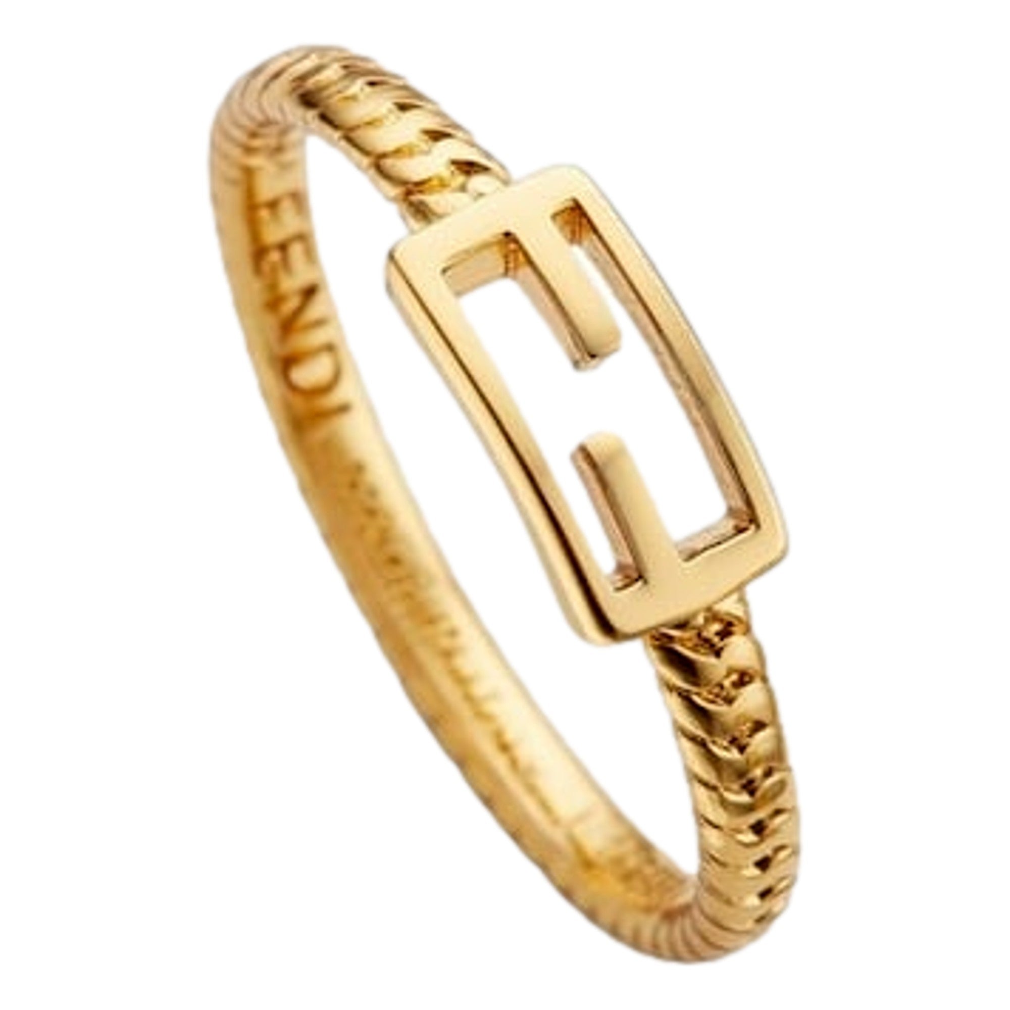 Fendi Baguette FF Logo Ring Gold Tone Twist Metal Band Small
