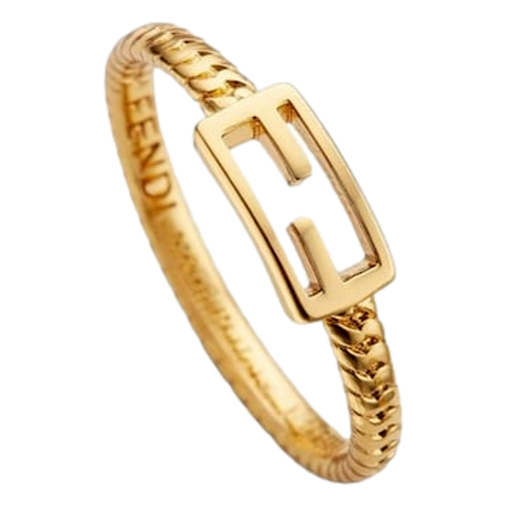 Fendi Baguette FF Logo Ring Gold Tone Twist Metal Band Small