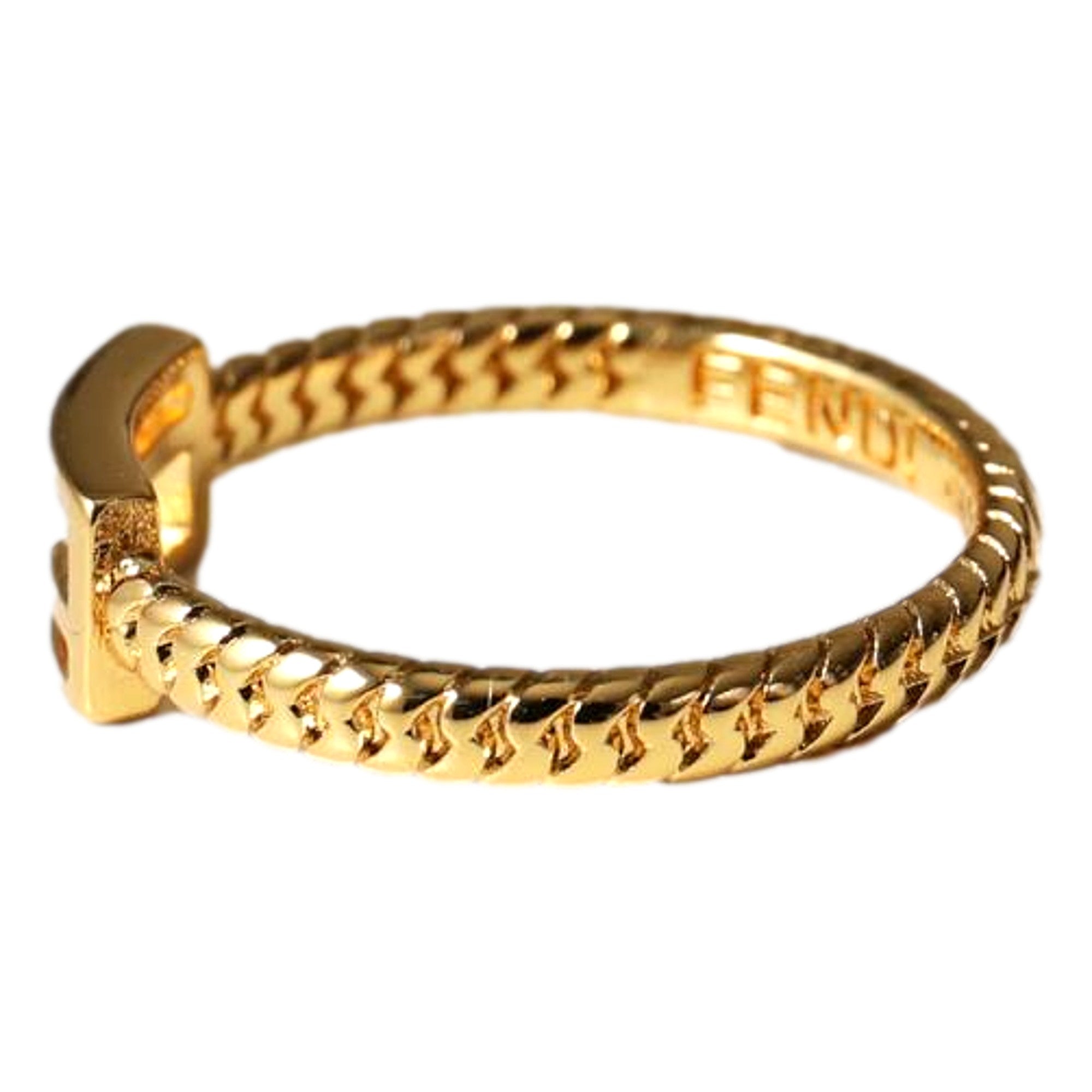 Fendi Baguette FF Logo Ring Gold Tone Twist Metal Band Small