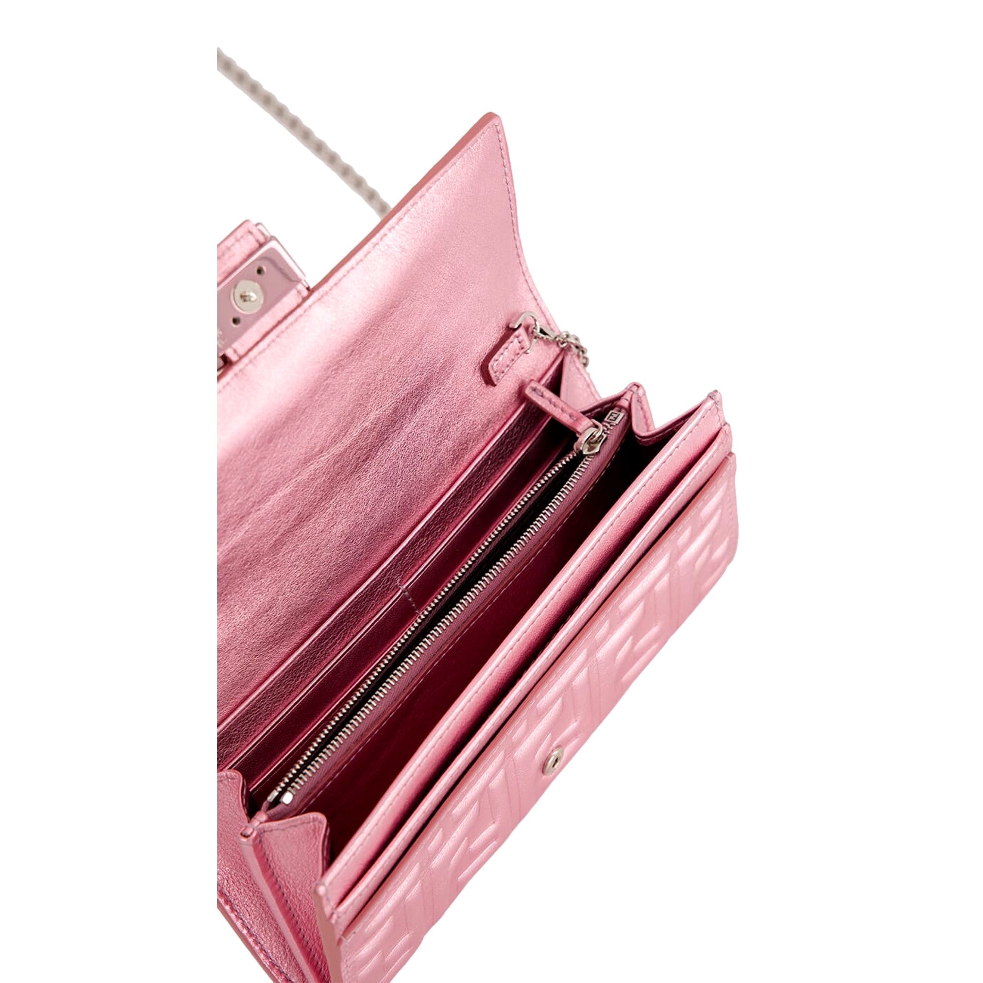 Fendi Baguette Wallet on Chain Metallic Pink FF Embossed Crossbody Bag