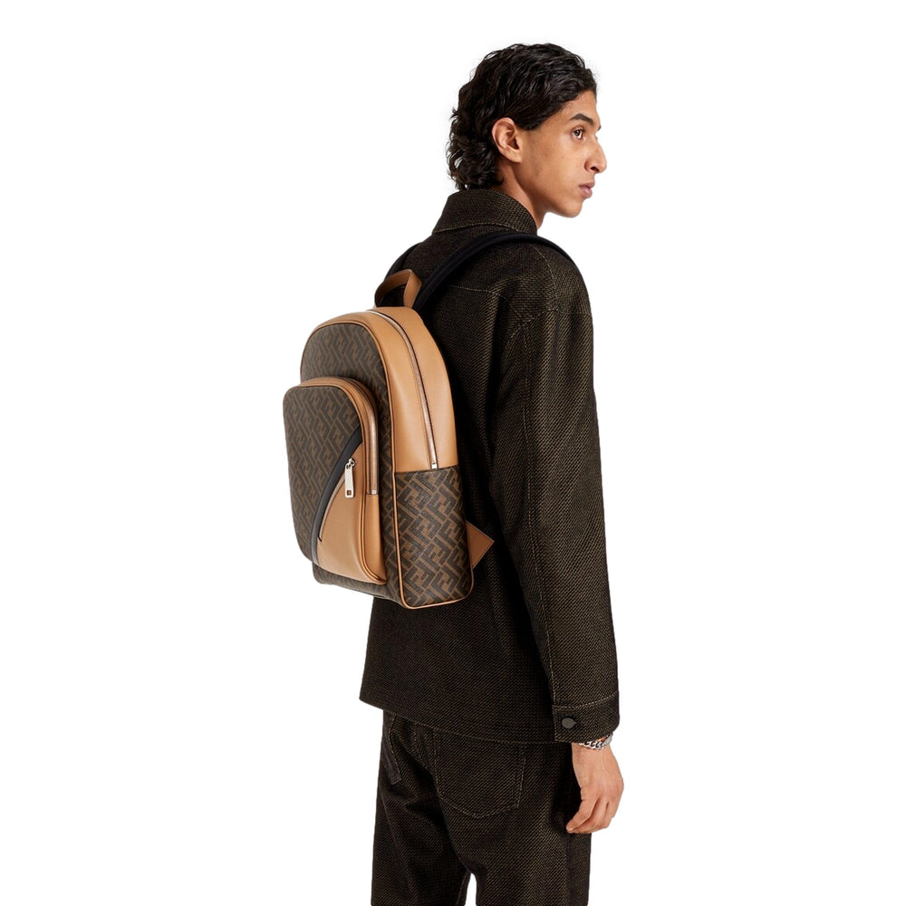 Fendi Diagonal FF Logo Backpack Black Canvas Leather Trim