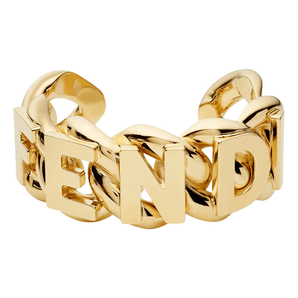 Fendi Fendigraphy Chunky Gold Tone Logo Link Cuff Bracelet Polished Gold