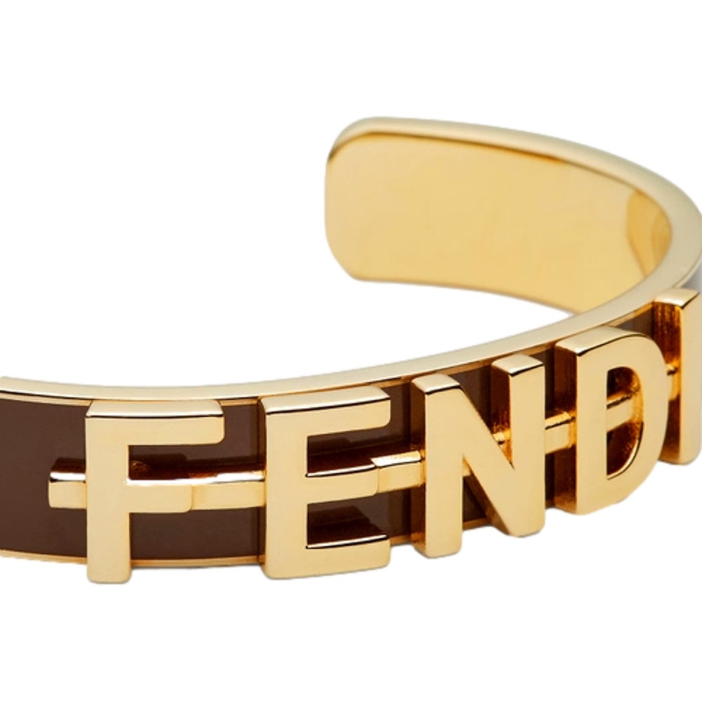 Fendi Fendigraphy Gold Tone Metal Brown Enamel Cuff Bracelet