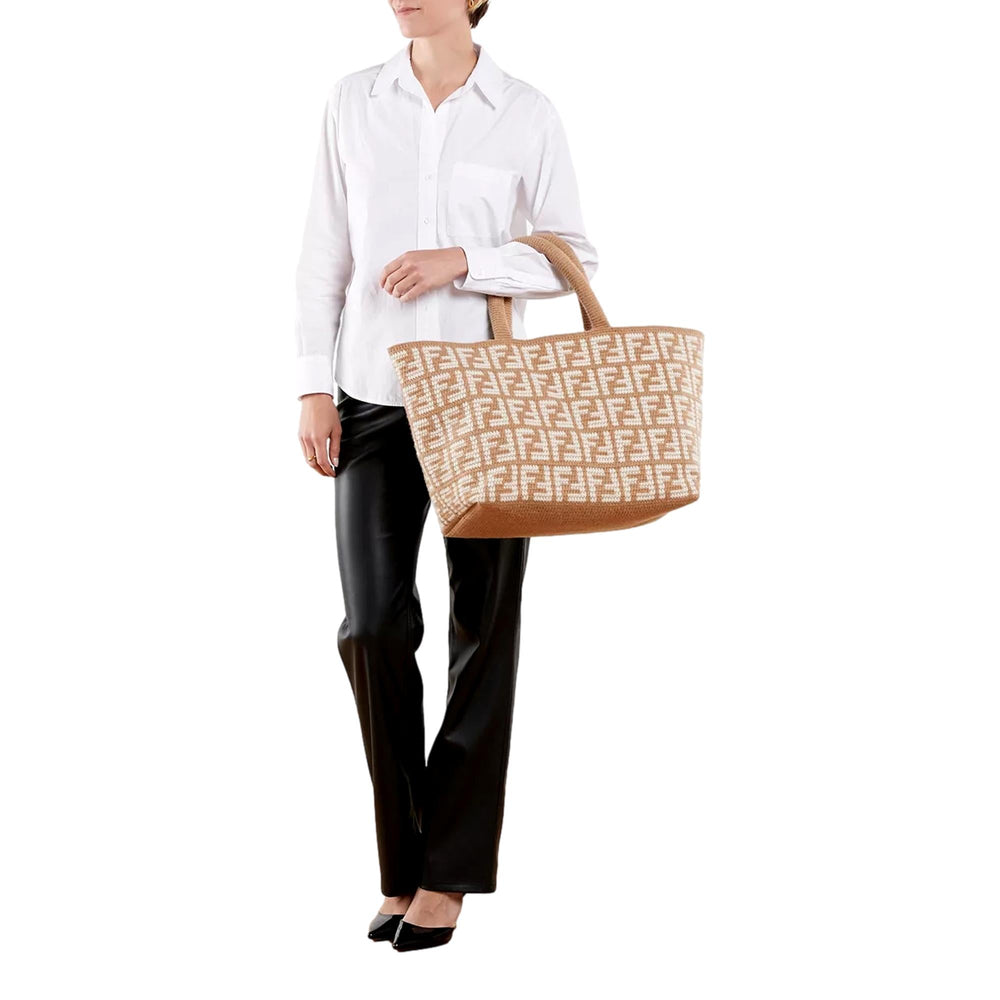 Fendi FF Cammello Large Shopper Tote Beige Knitted Cashmere Bag