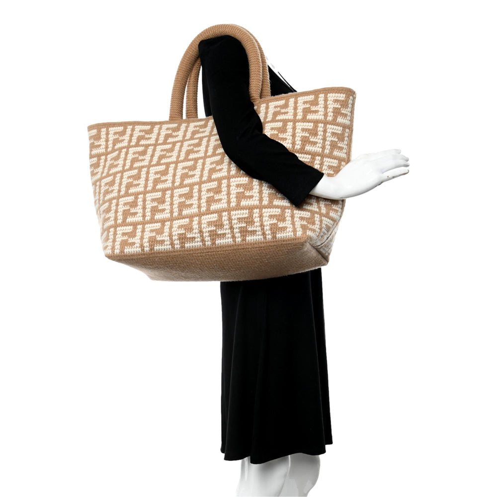 Fendi FF Cammello Large Shopper Tote Beige Knitted Cashmere Bag
