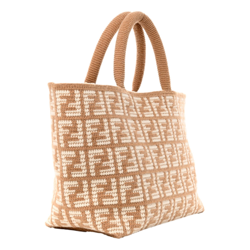 Fendi FF Cammello Large Shopper Tote Beige Knitted Cashmere Bag