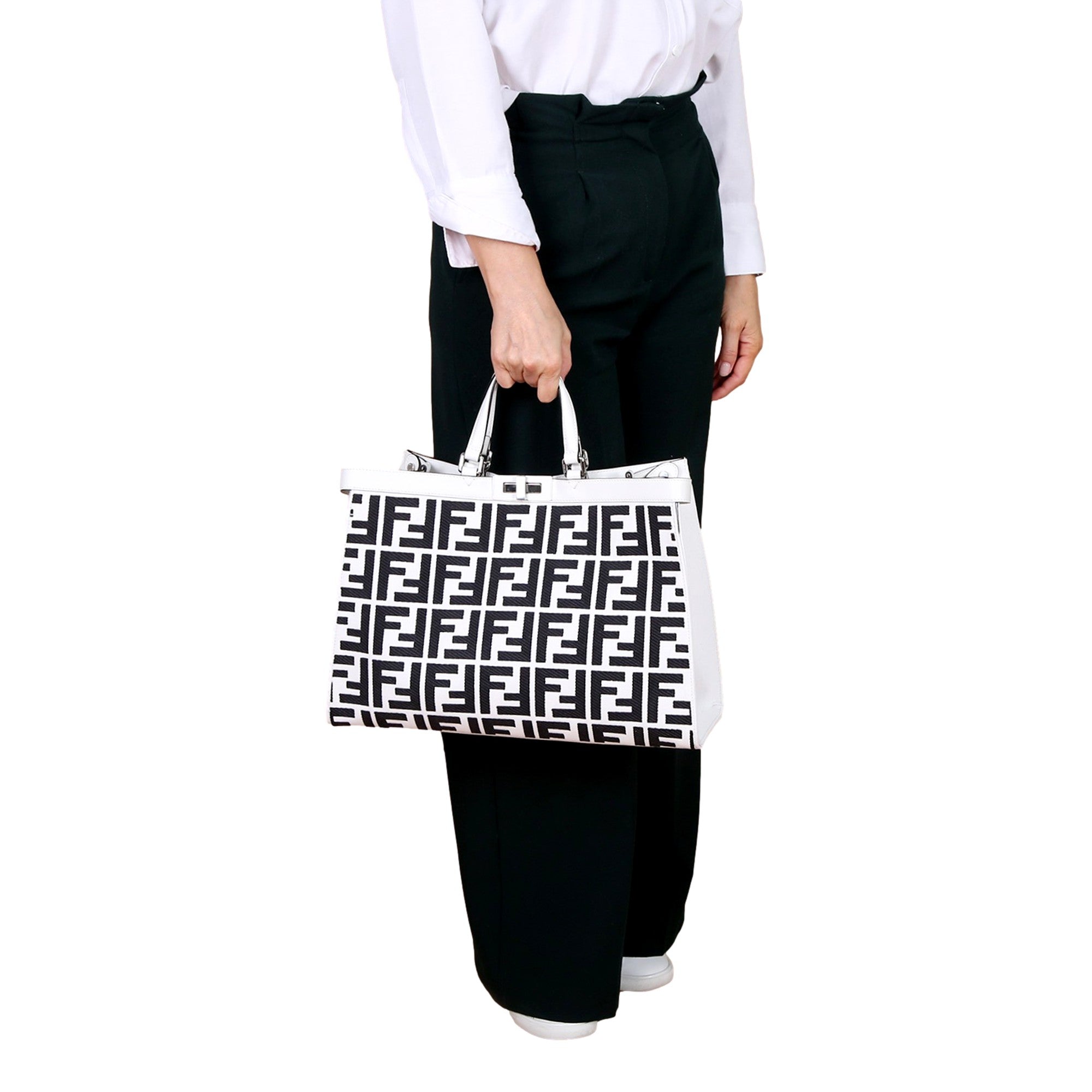 Fendi FF Canvas X-Tote Bag Black White Leather Trim Turn Lock