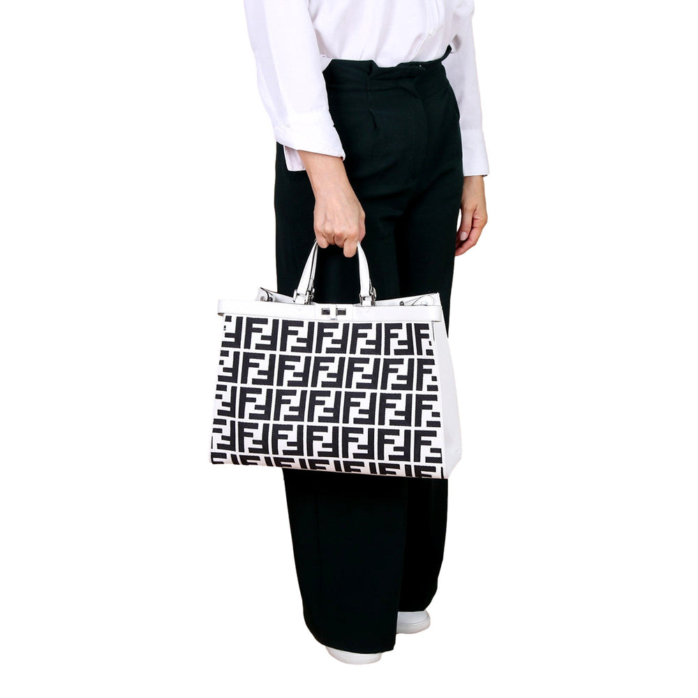 Fendi FF Canvas X-Tote Bag Black White Leather Trim Turn Lock