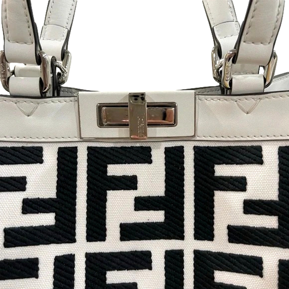 Fendi FF Canvas X-Tote Bag Black White Leather Trim Turn Lock