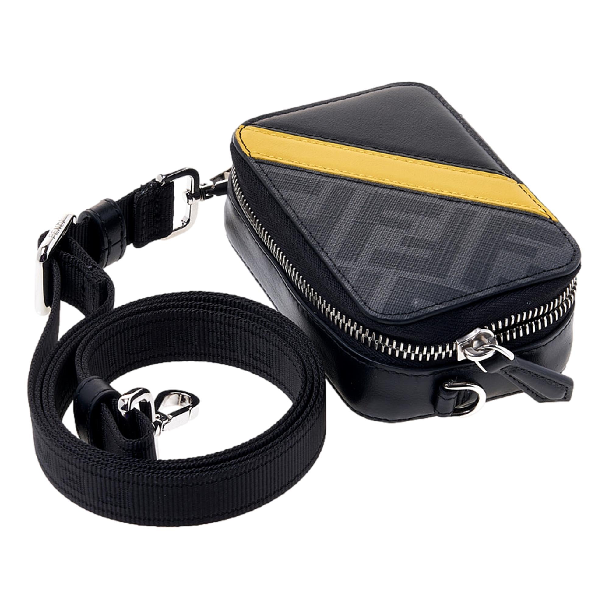 Fendi FF Diagonal Stripe Mini Camera Crossbody Bag Black Canvas Leather
