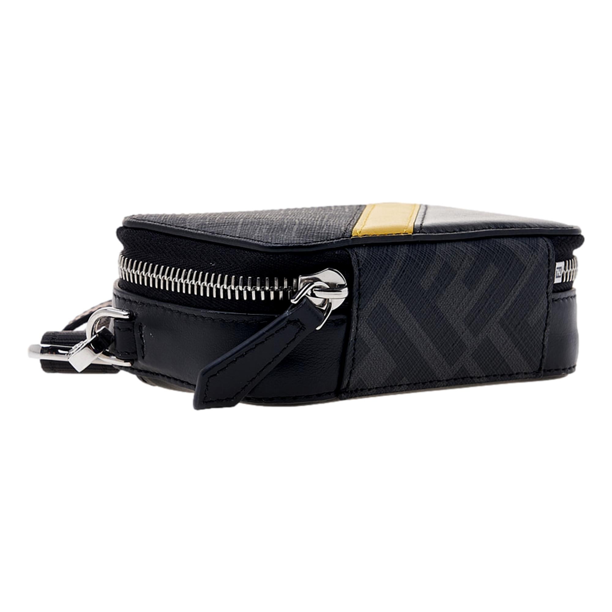 Fendi FF Diagonal Stripe Mini Camera Crossbody Bag Black Canvas Leather