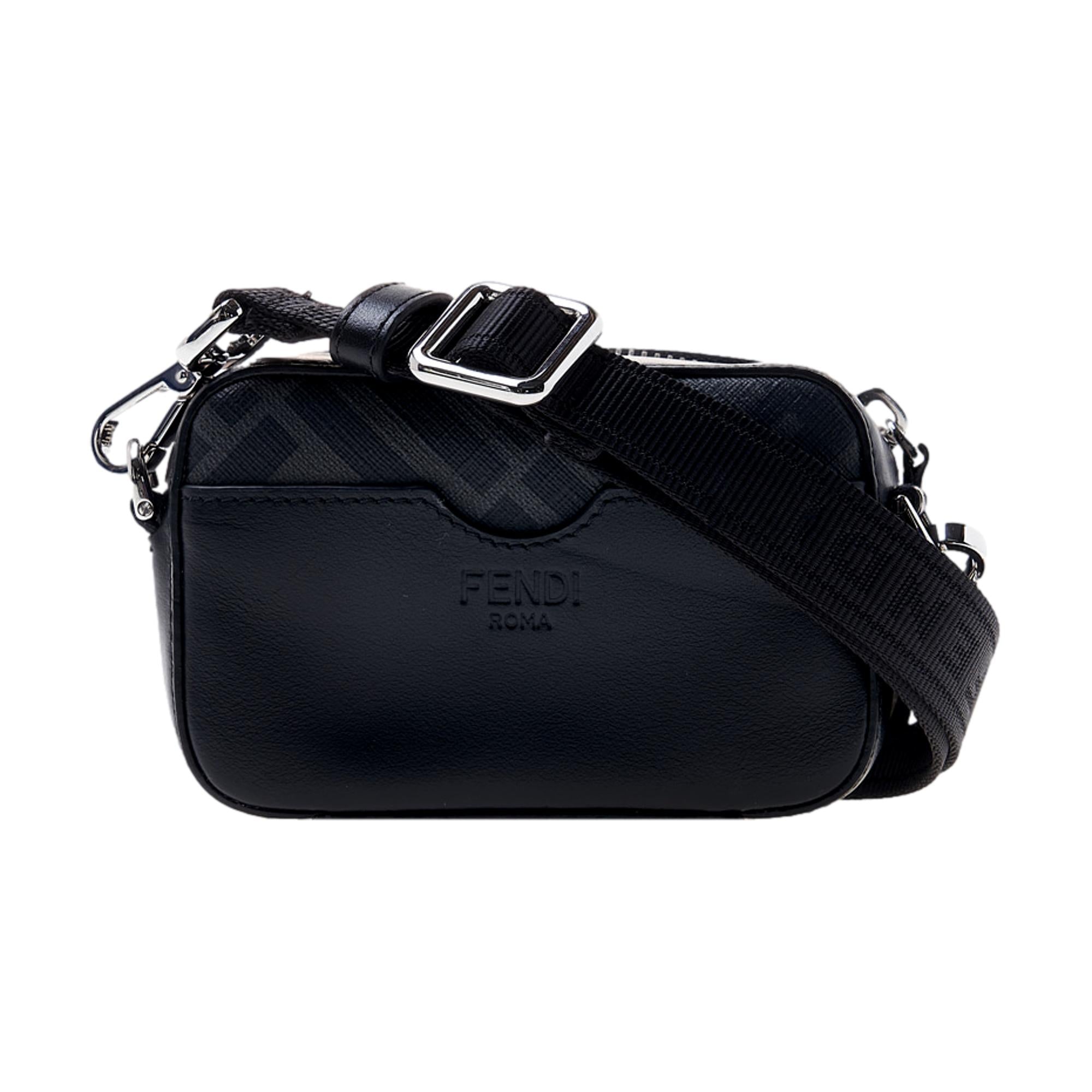Fendi FF Diagonal Stripe Mini Camera Crossbody Bag Black Canvas Leather