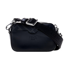 Fendi FF Diagonal Stripe Mini Camera Crossbody Bag Black Canvas Leather
