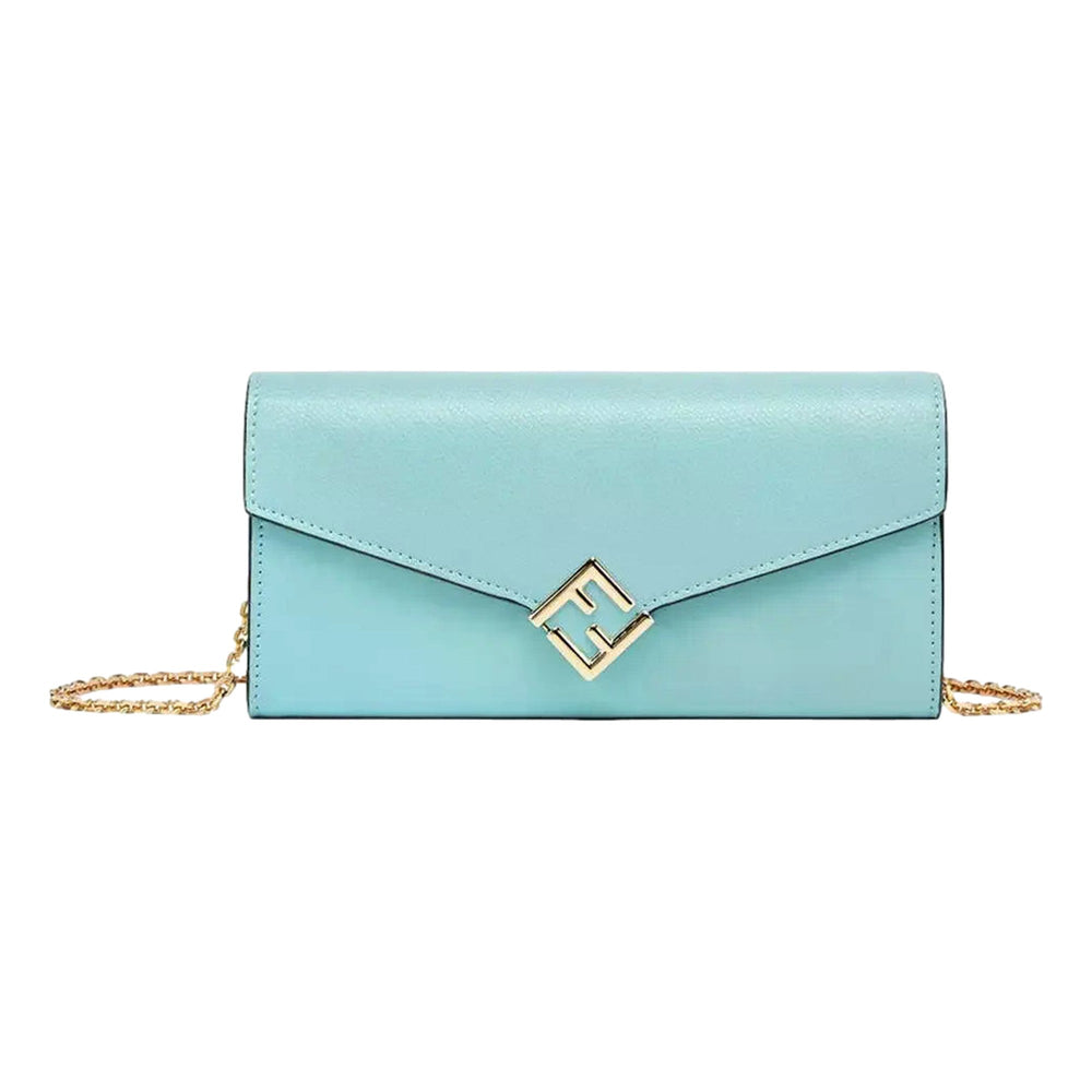 Fendi FF Diamonds Light Blue Calfskin Leather Continental Wallet on Chain Gold Hardware
